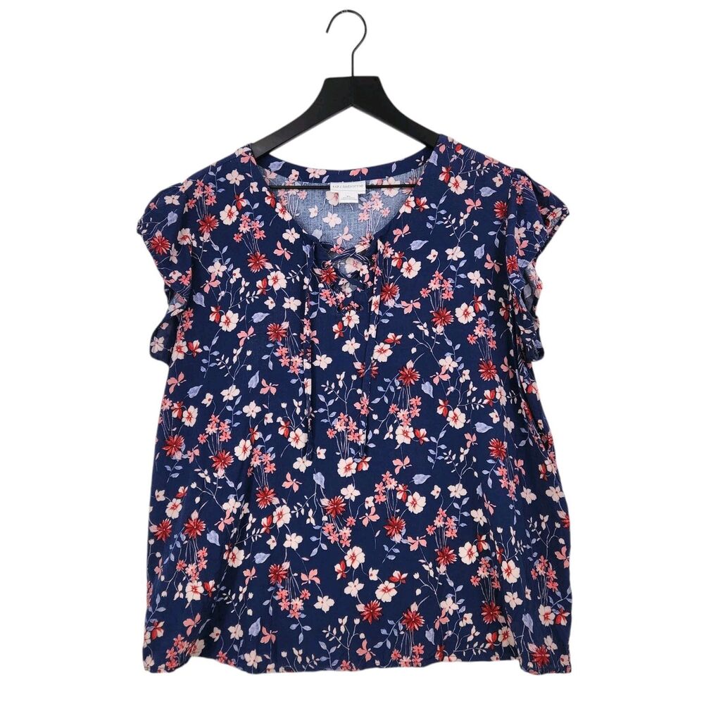 Liz Claiborne Floral Top XL Cap Short Sleeve Cottagecore Lace-Up Lightweight